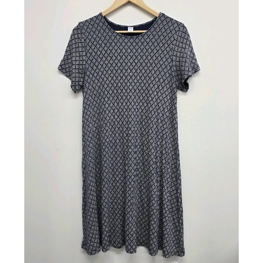 Old Navy Short Sleeve Swing Dress L Navy Diamond Tile Print Soft Jersey Stretch